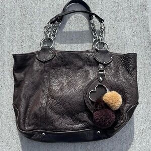Vintage Y2K Juicy Couture Pebbled Leather Boho Bag with Bag Charms Pom Poms